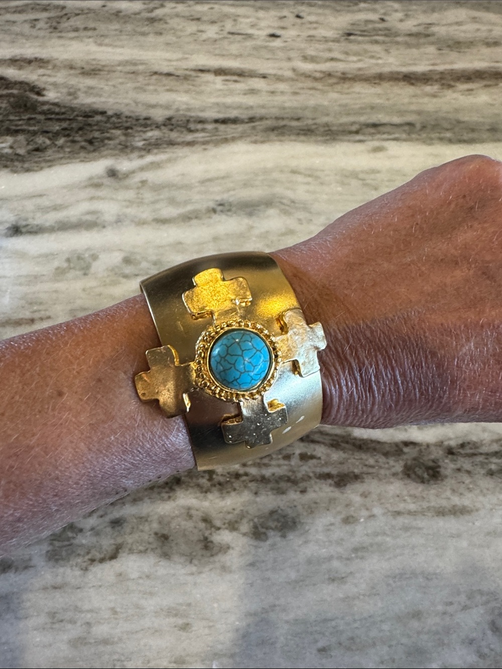 Gold Cuff Bracelet with Turquoise Stone Accent - Women Jewelry